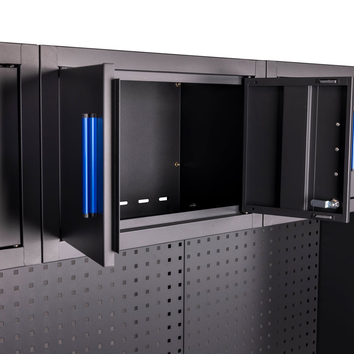 SGS 9pc Garage Storage System with Pegboard | Stainless Steel Worktop | 3x Floor Cabinets | 3x Upper Cabinets | 2x Tall Double Side Cabinets